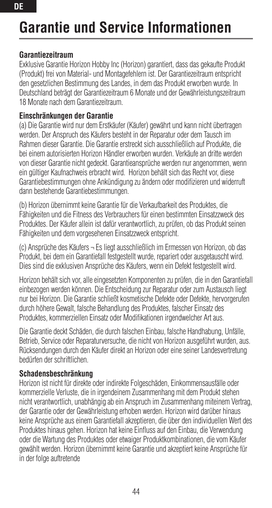 Garantie und service informationen | Spektrum SPMAR12120 User Manual | Page 44 / 92
