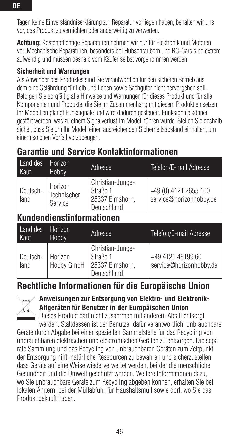 Garantie und service kontaktinformationen, Kundendienstinformationen, Rechtliche informationen für die europäische union | Spektrum SPMAR12120 User Manual | Page 46 / 92