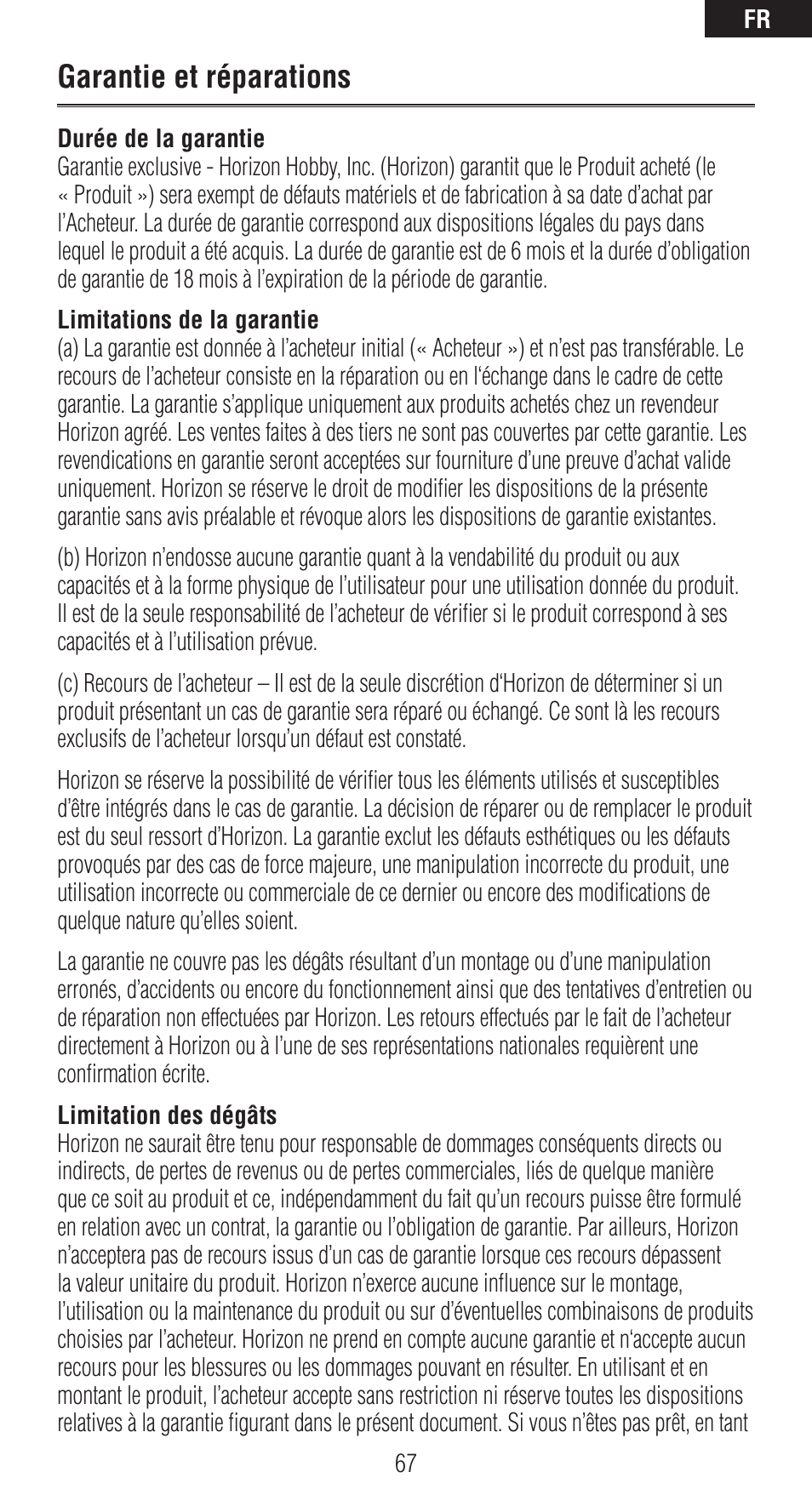 Garantie et réparations | Spektrum SPMAR12120 User Manual | Page 67 / 92