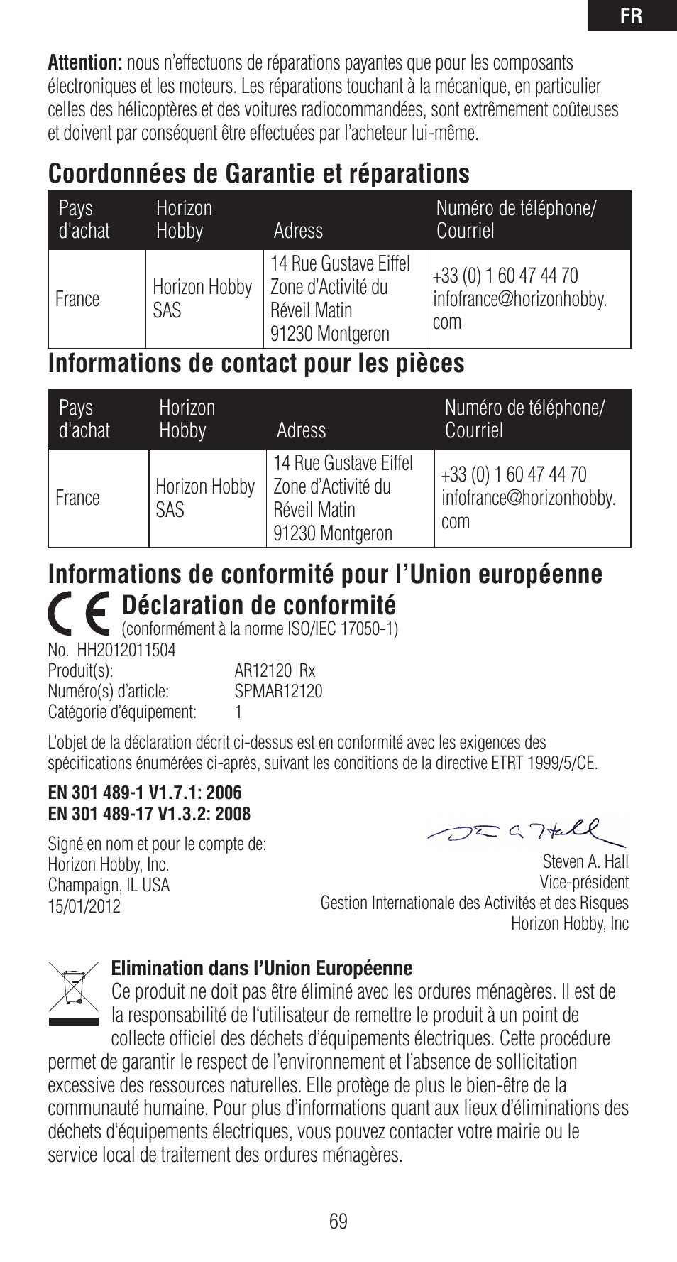 Coordonnées de garantie et réparations, Informations de contact pour les pièces | Spektrum SPMAR12120 User Manual | Page 69 / 92