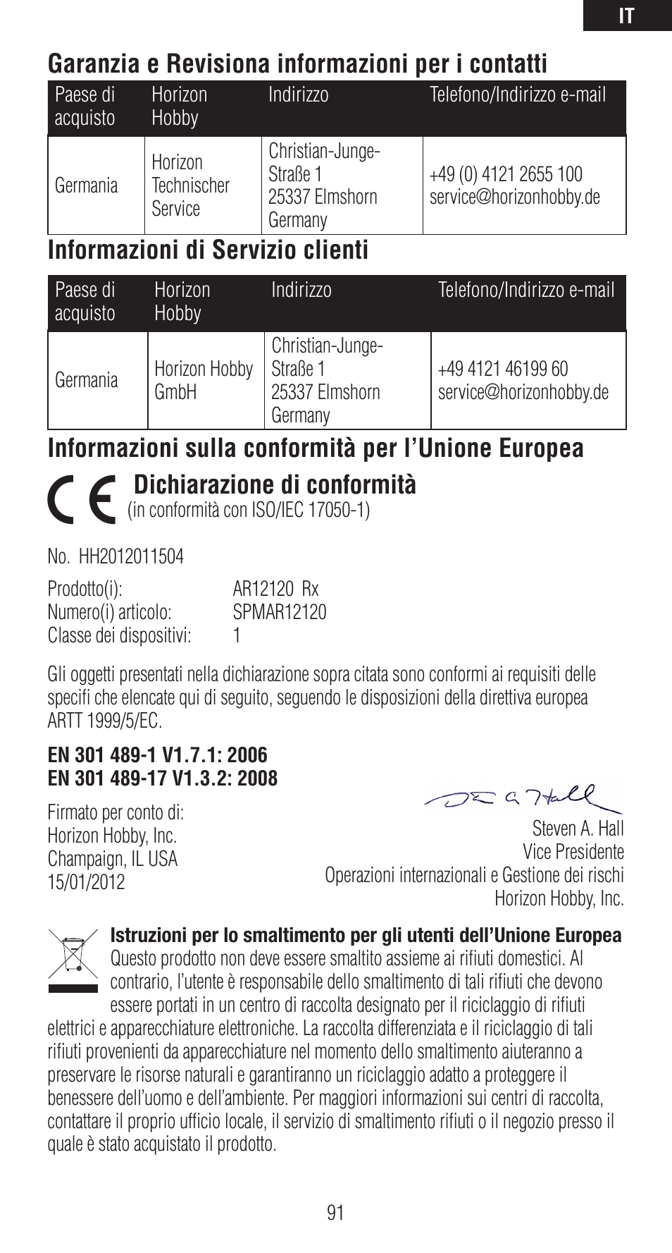 Garanzia e revisiona informazioni per i contatti, Informazioni di servizio clienti | Spektrum SPMAR12120 User Manual | Page 91 / 92
