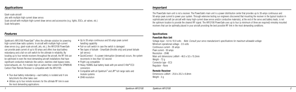 Applications important, Features | Spektrum SPMAR12100 User Manual | Page 2 / 14