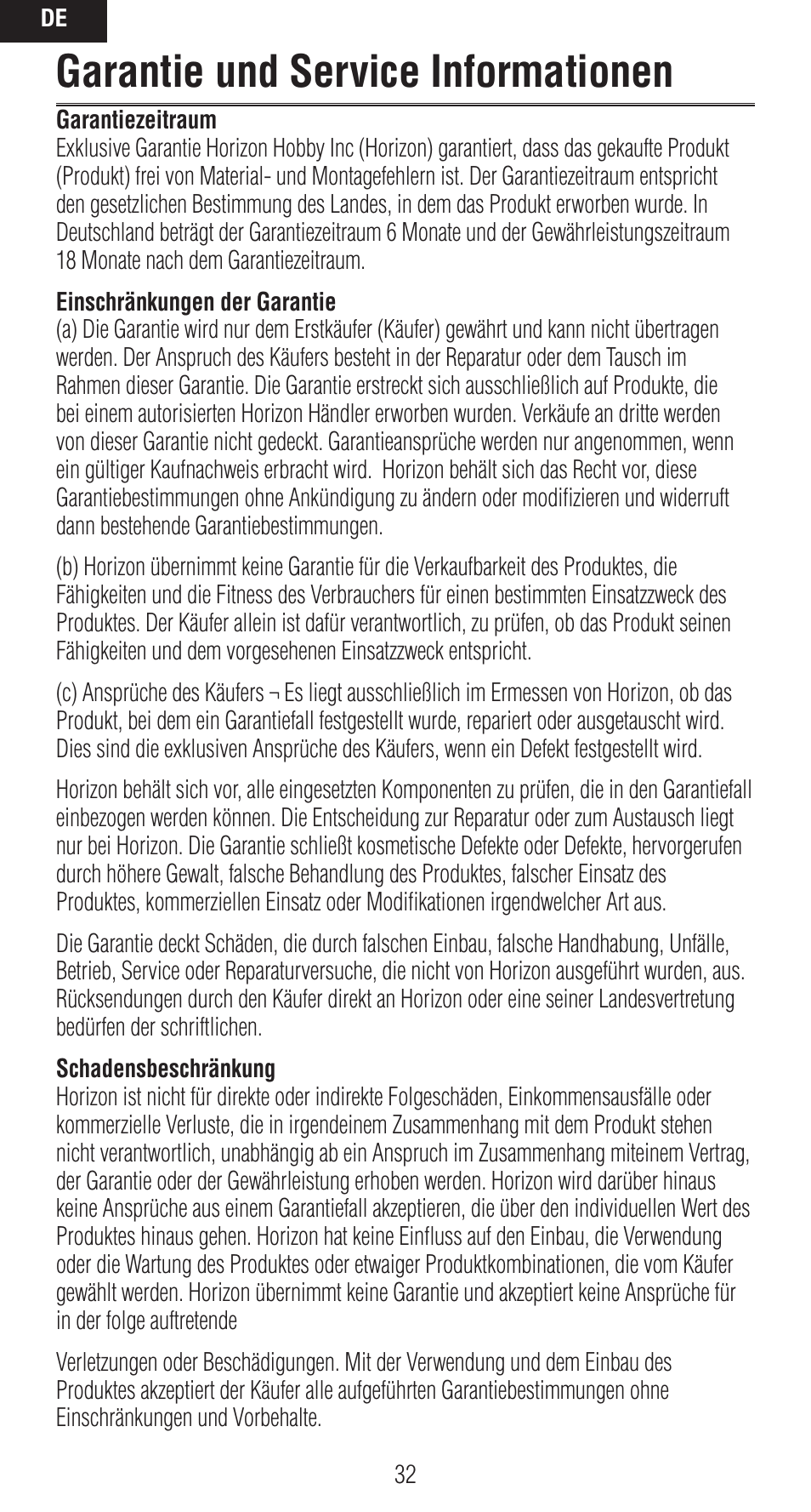 Garantie und service informationen | Spektrum SPMAR12020 User Manual | Page 32 / 72