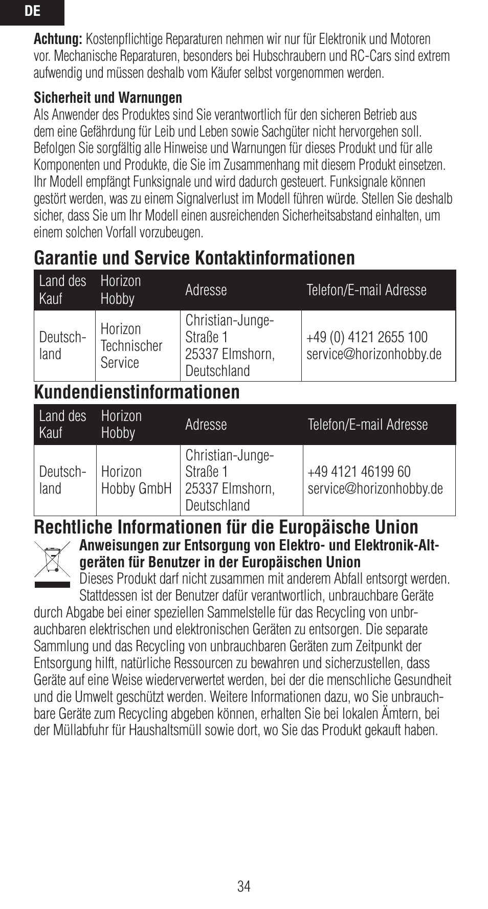 Garantie und service kontaktinformationen, Kundendienstinformationen, Rechtliche informationen für die europäische union | Spektrum SPMAR12020 User Manual | Page 34 / 72