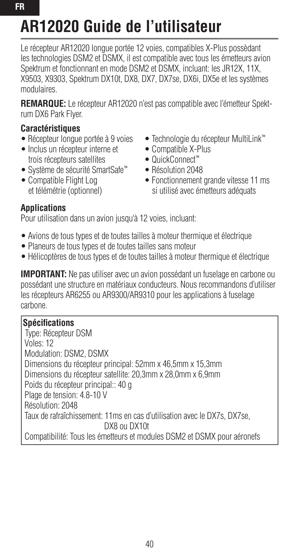 Spektrum SPMAR12020 User Manual | Page 40 / 72