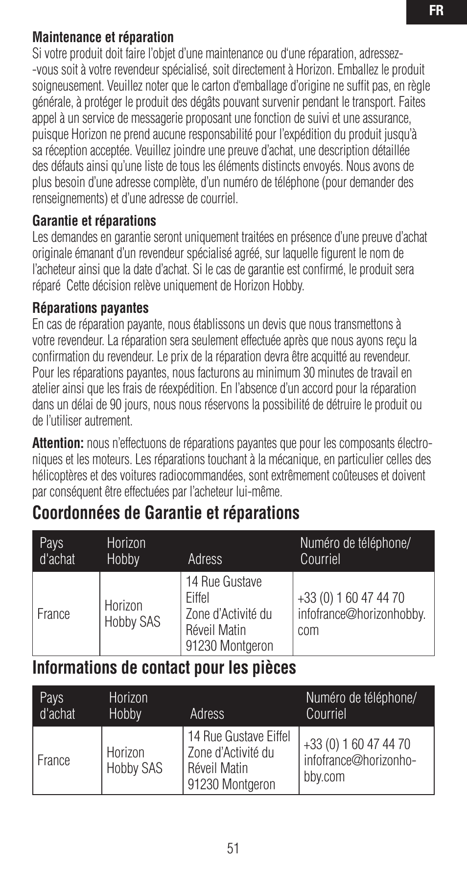 Coordonnées de garantie et réparations, Informations de contact pour les pièces | Spektrum SPMAR12020 User Manual | Page 51 / 72