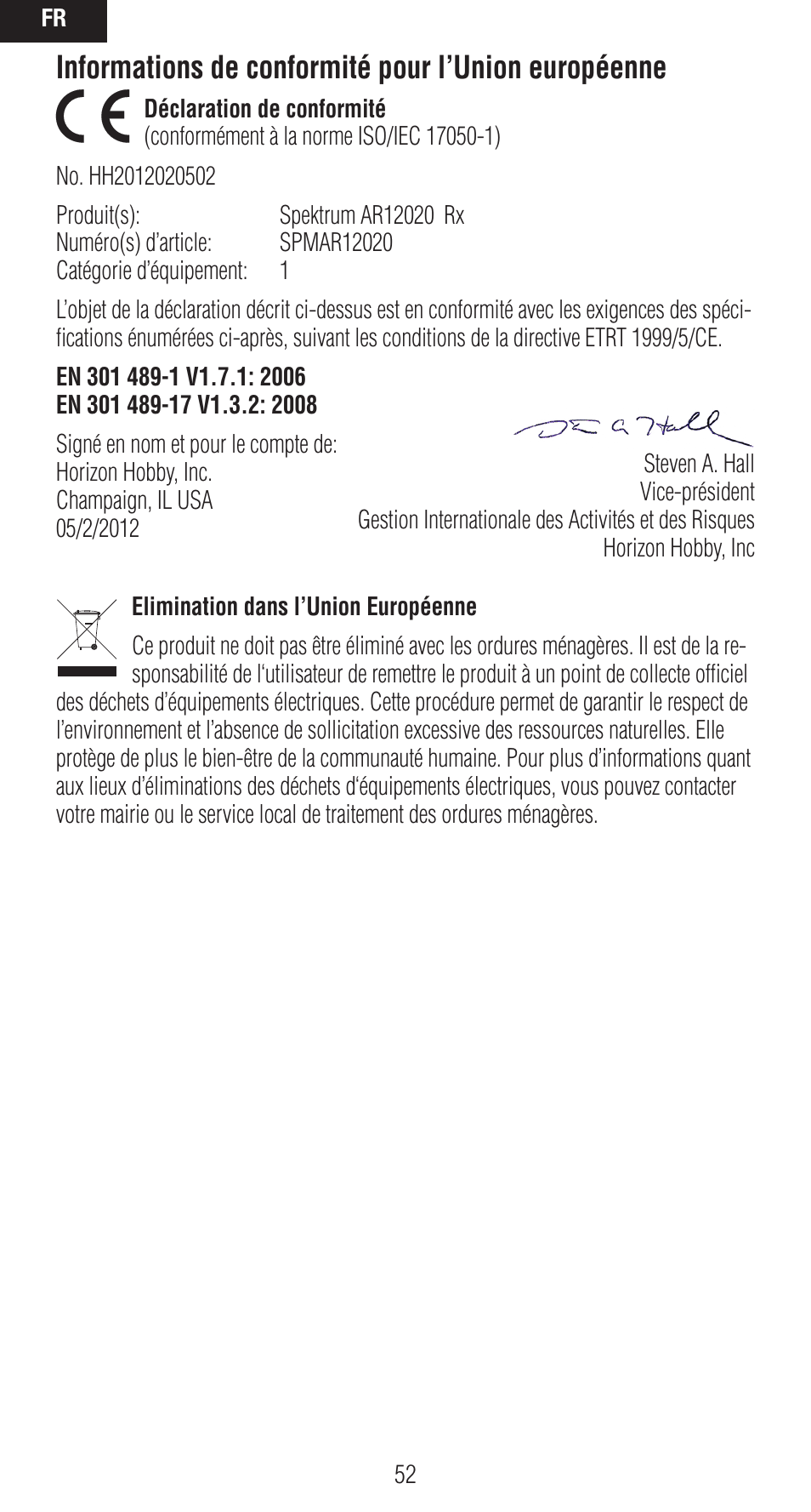 Informations de conformité pour l’union européenne | Spektrum SPMAR12020 User Manual | Page 52 / 72