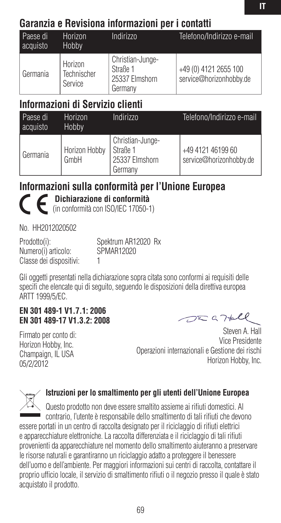 Garanzia e revisiona informazioni per i contatti, Informazioni di servizio clienti, Informazioni sulla conformità per l’unione europea | Spektrum SPMAR12020 User Manual | Page 69 / 72