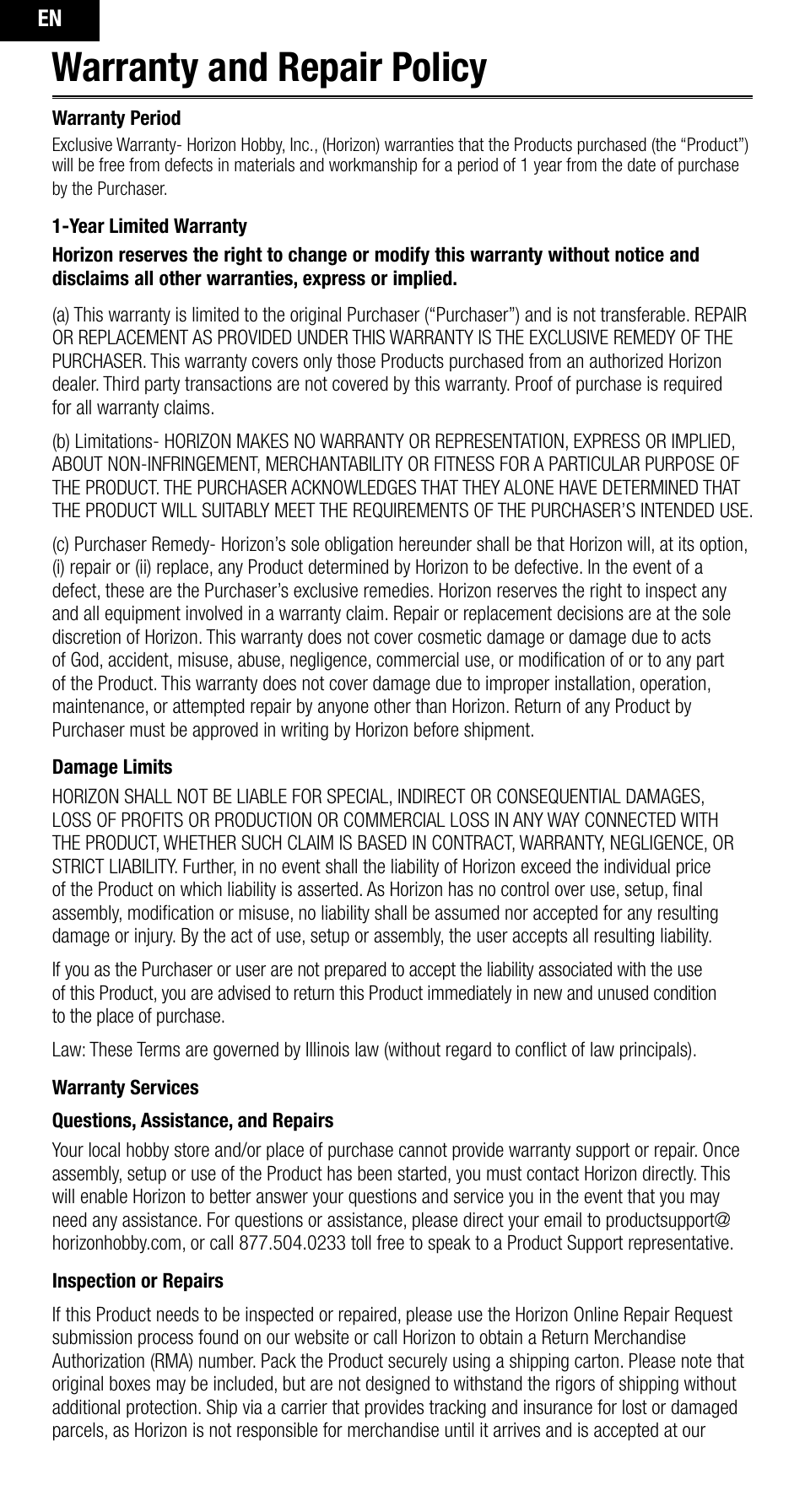 Warranty and repair policy | Spektrum SPMAR10000 User Manual | Page 14 / 60