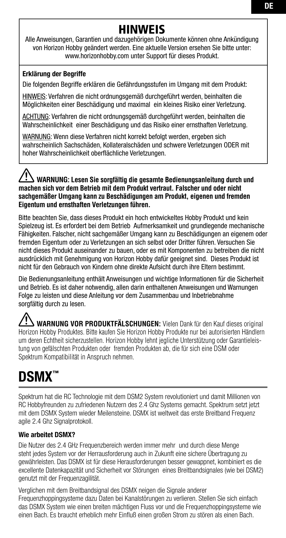 Dsmx, Hinweis | Spektrum SPMAR10000 User Manual | Page 17 / 60