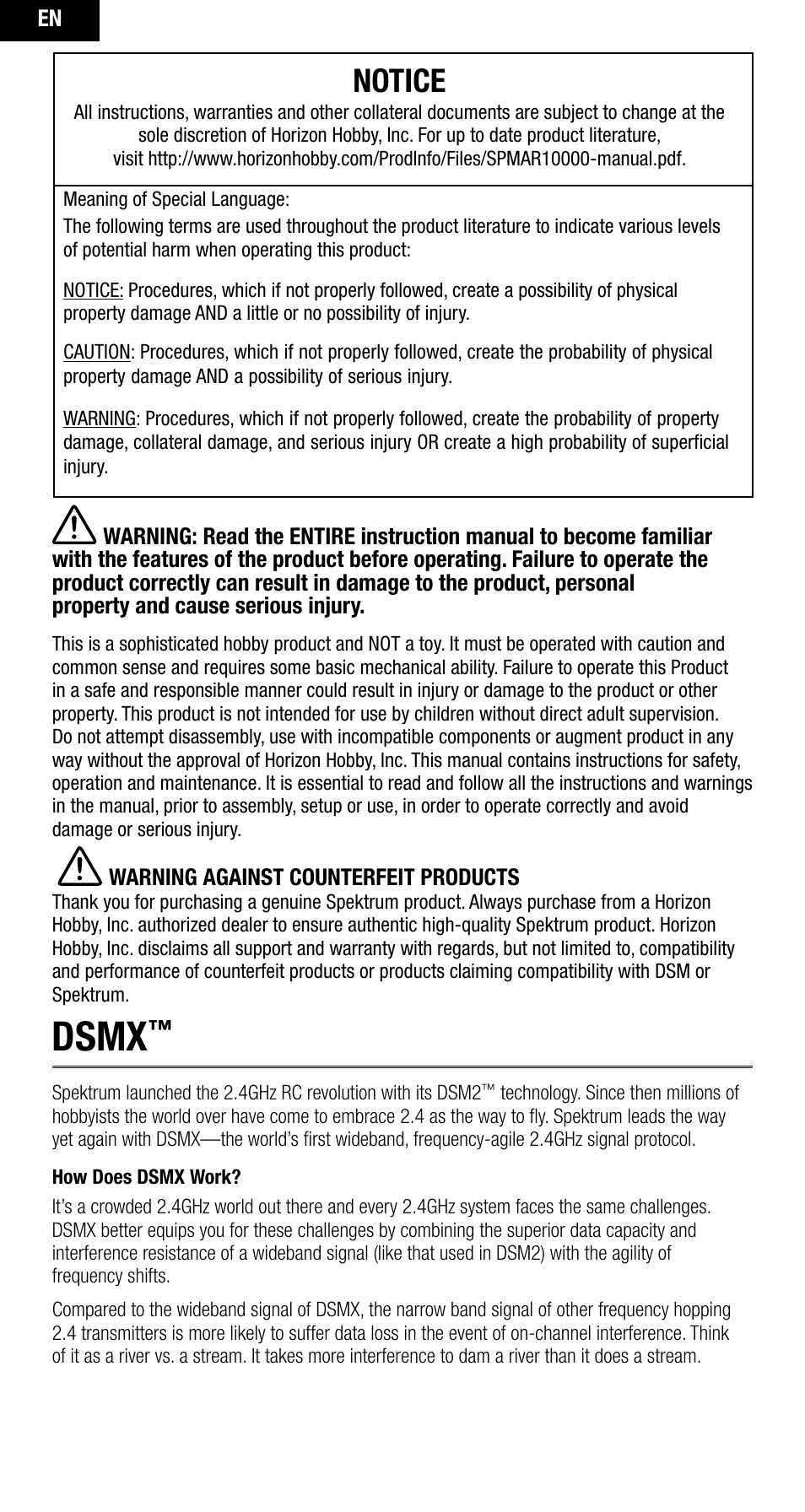 Dsmx, Notice | Spektrum SPMAR10000 User Manual | Page 2 / 60