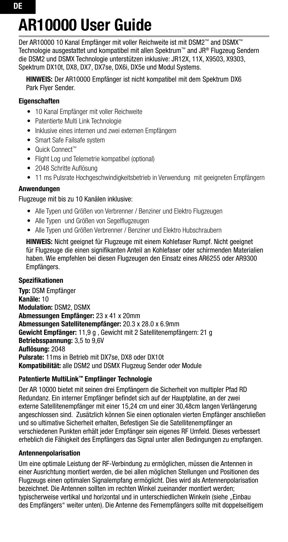 Spektrum SPMAR10000 User Manual | Page 20 / 60