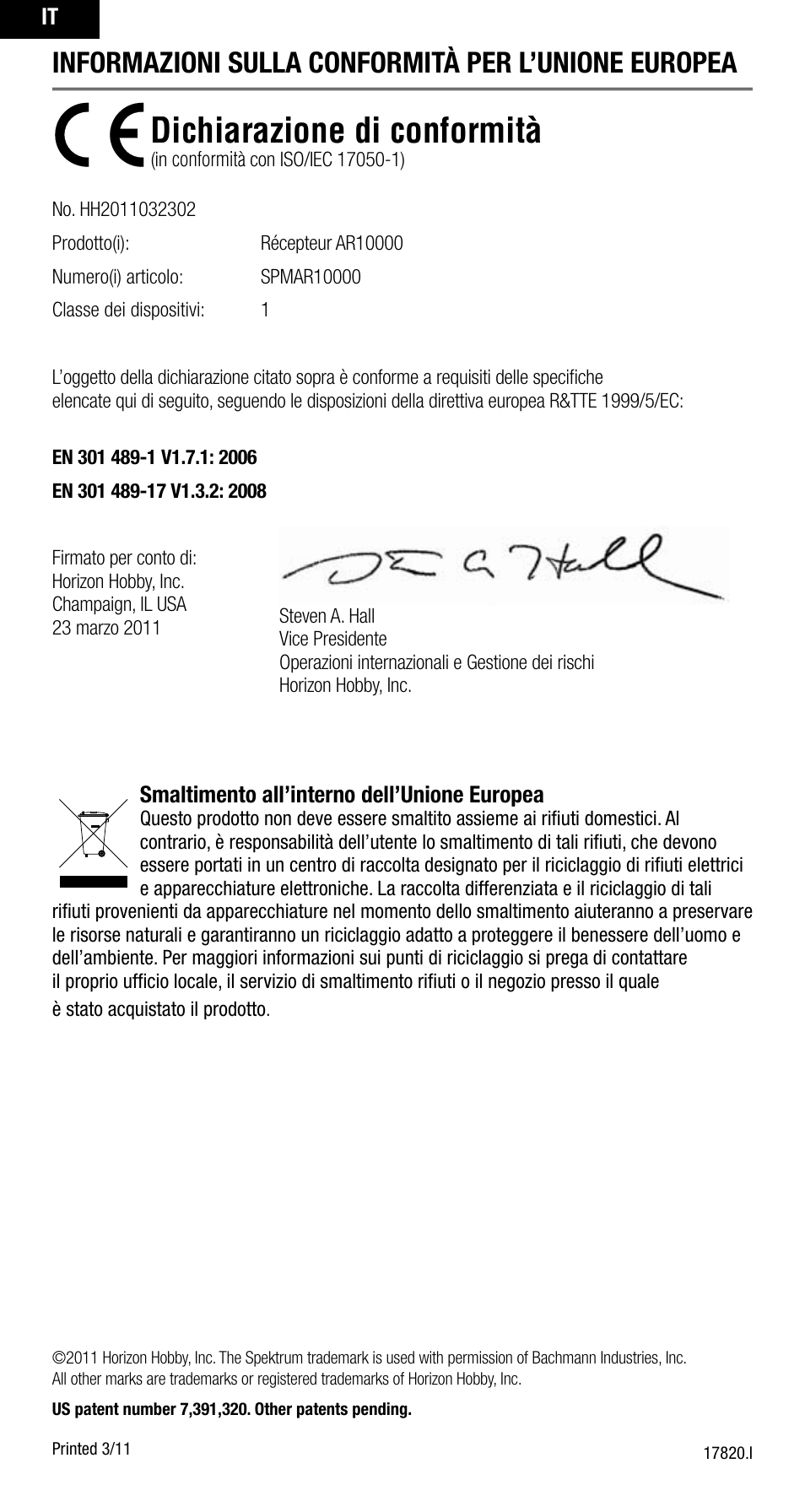 Dichiarazione di conformità, Informazioni sulla conformità per l’unione europea | Spektrum SPMAR10000 User Manual | Page 60 / 60