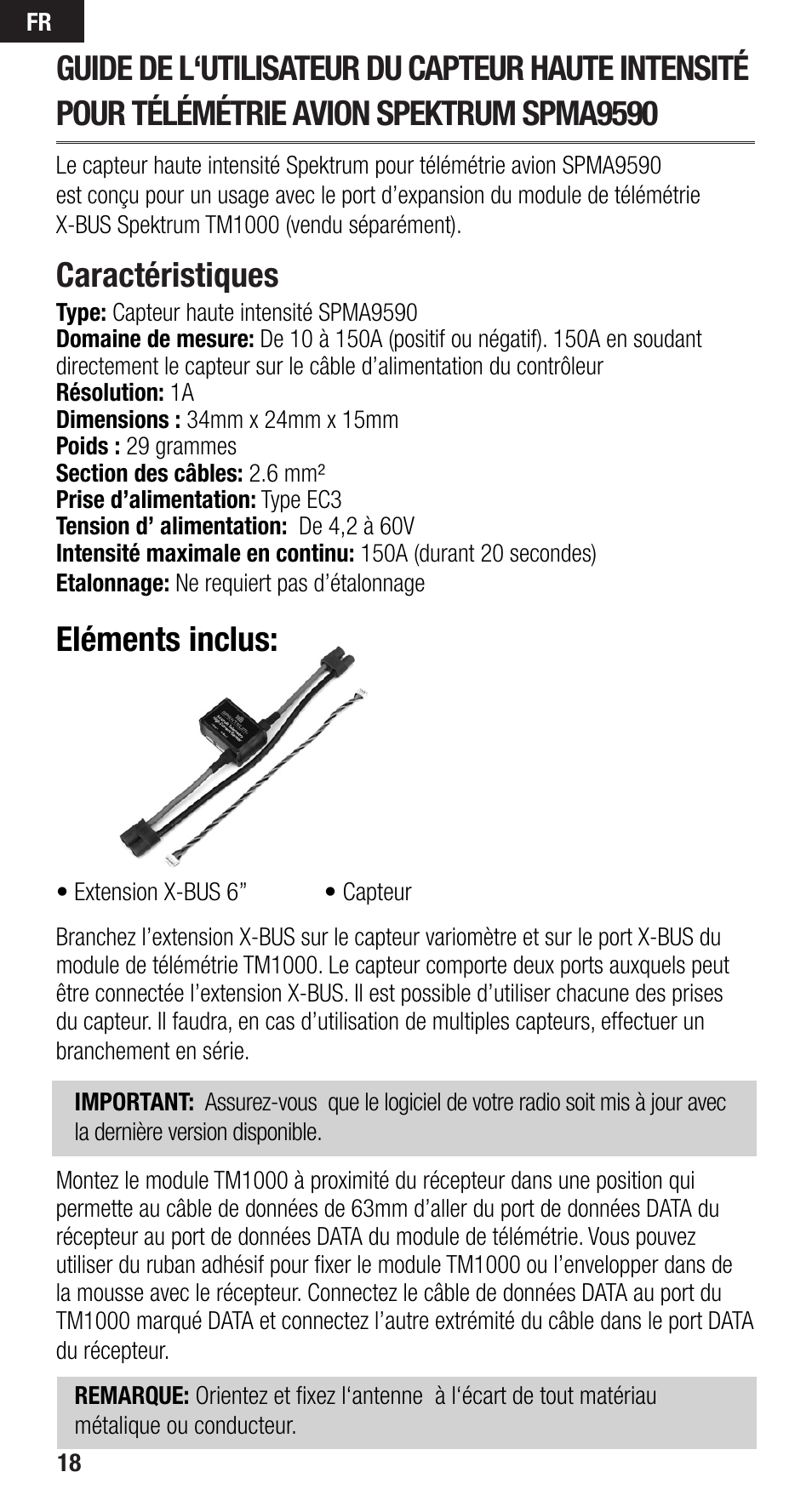 Caractéristiques, Eléments inclus | Spektrum SPMA9590 User Manual | Page 18 / 32