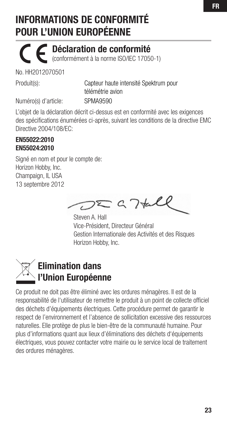 Informations de conformité pour l’union européenne, Déclaration de conformité, Elimination dans l’union européenne | Spektrum SPMA9590 User Manual | Page 23 / 32