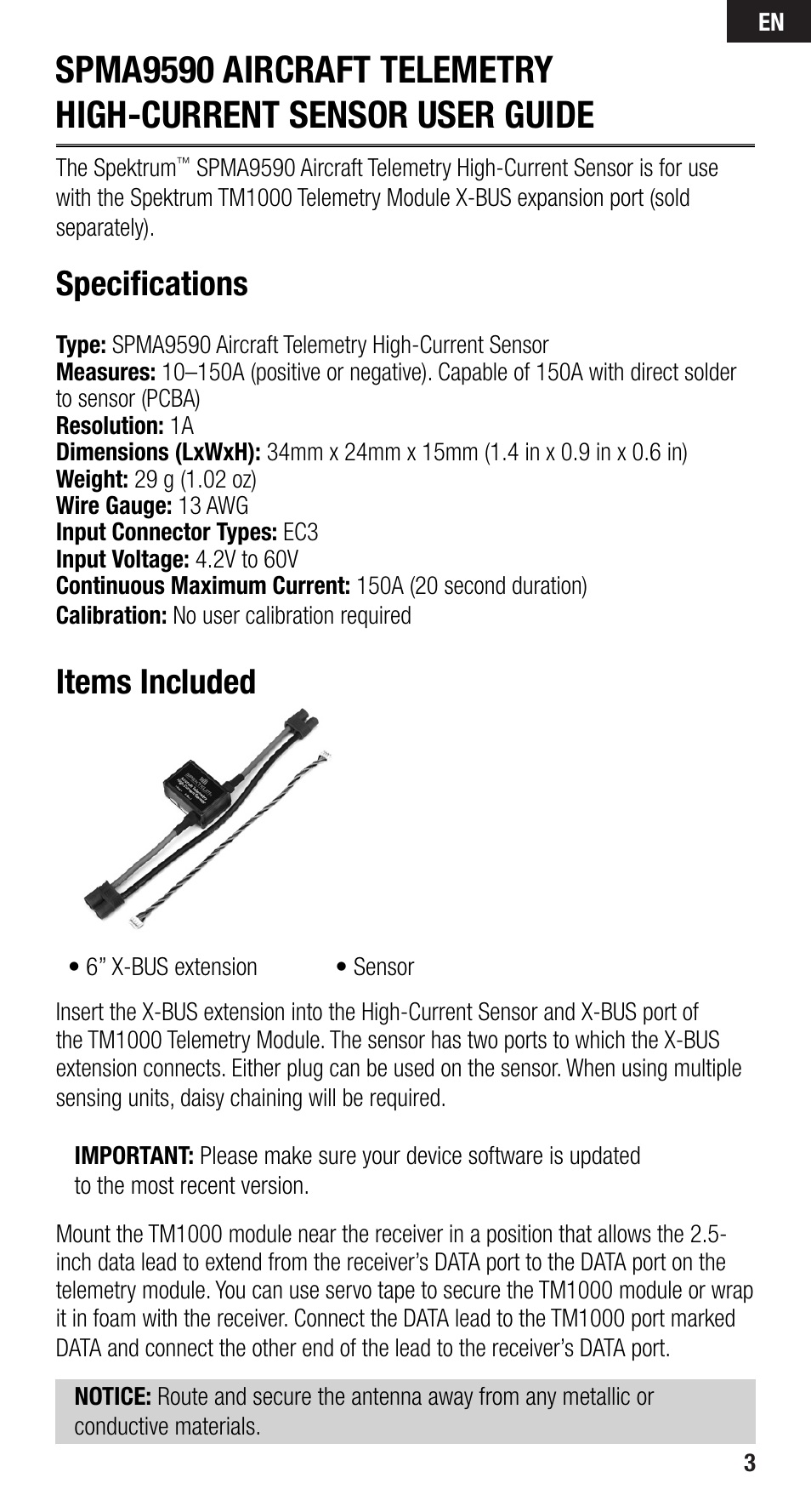 Specifications, Items included | Spektrum SPMA9590 User Manual | Page 3 / 32