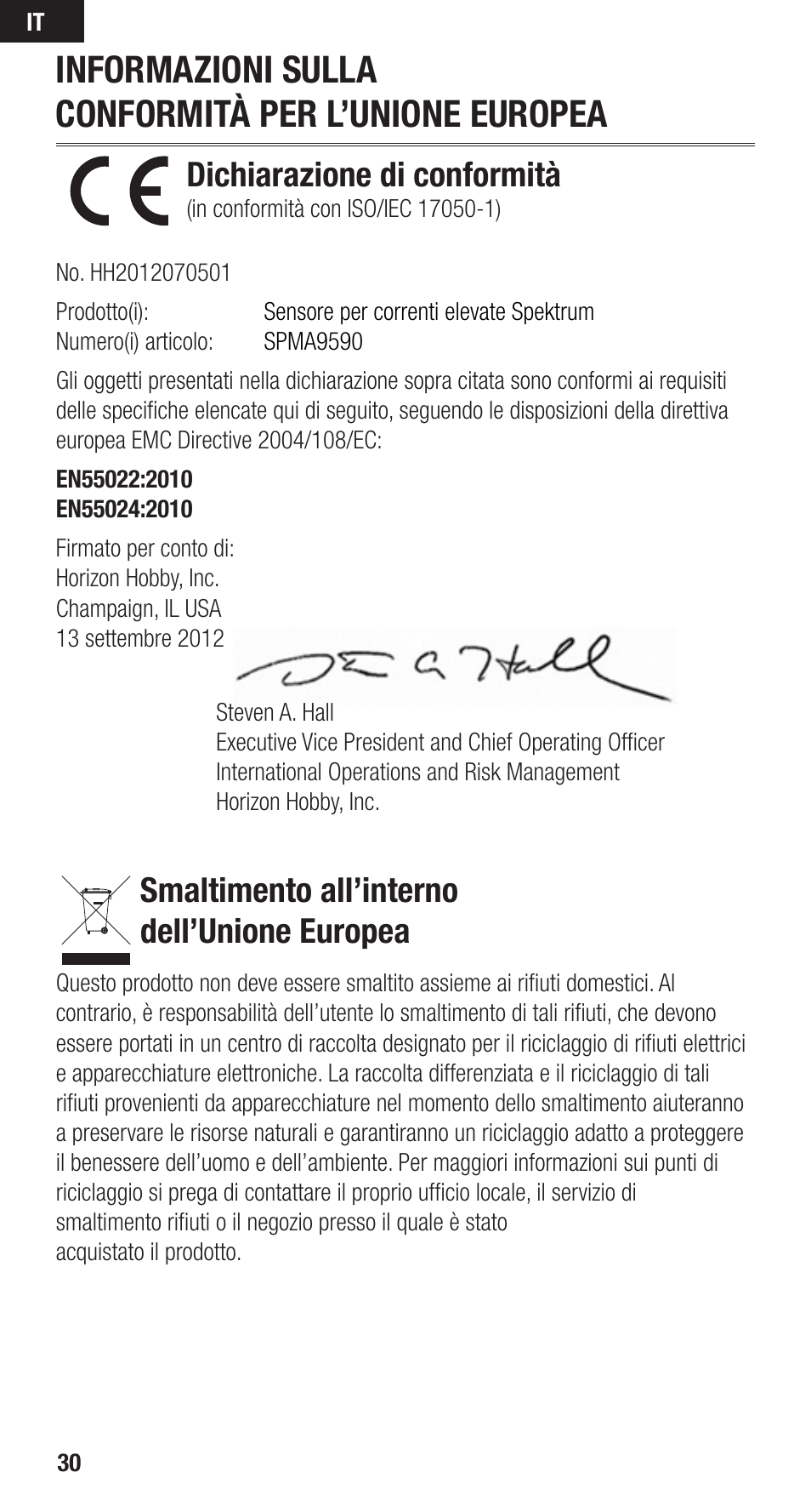 Informazioni sulla conformità per l’unione europea, Dichiarazione di conformità, Smaltimento all’interno dell’unione europea | Spektrum SPMA9590 User Manual | Page 30 / 32