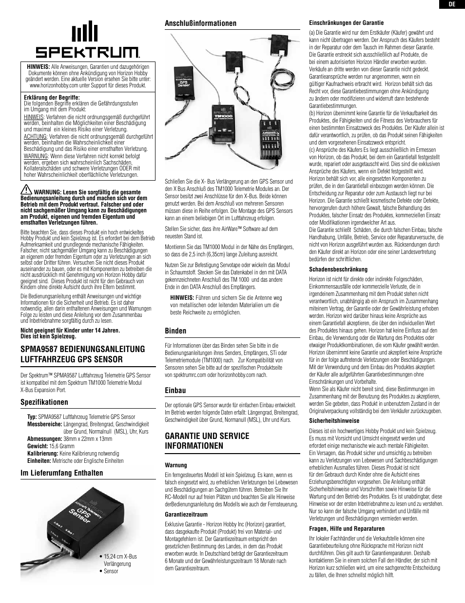 Garantie und service informationen | Spektrum SPMA9587 User Manual | Page 3 / 8