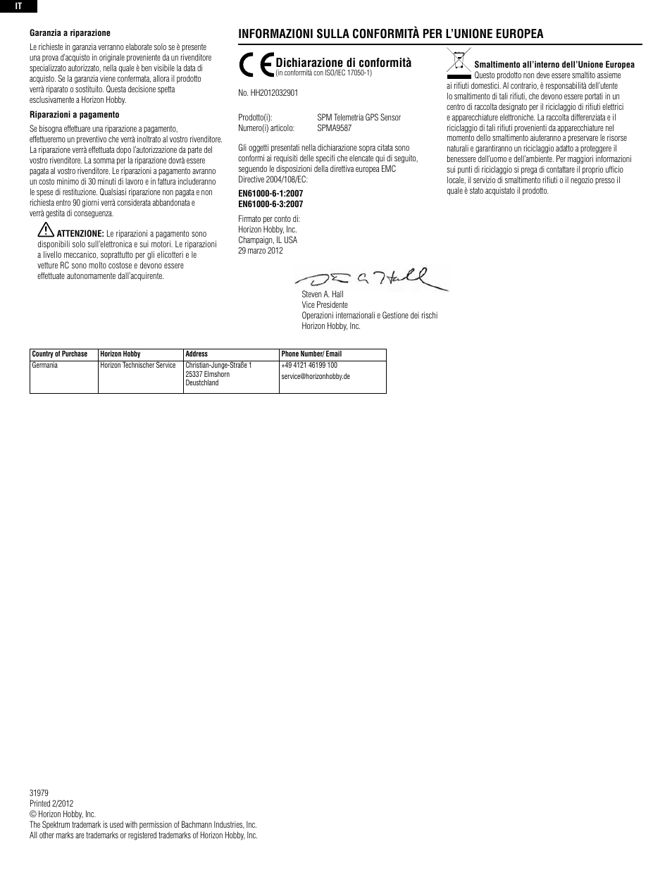 Dichiarazione di conformità, Informazioni sulla conformità per l’unione europea | Spektrum SPMA9587 User Manual | Page 8 / 8