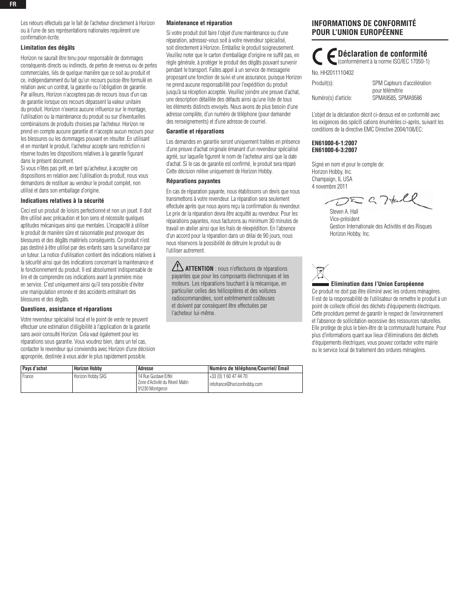 Déclaration de conformité | Spektrum SPMA9585 User Manual | Page 6 / 8