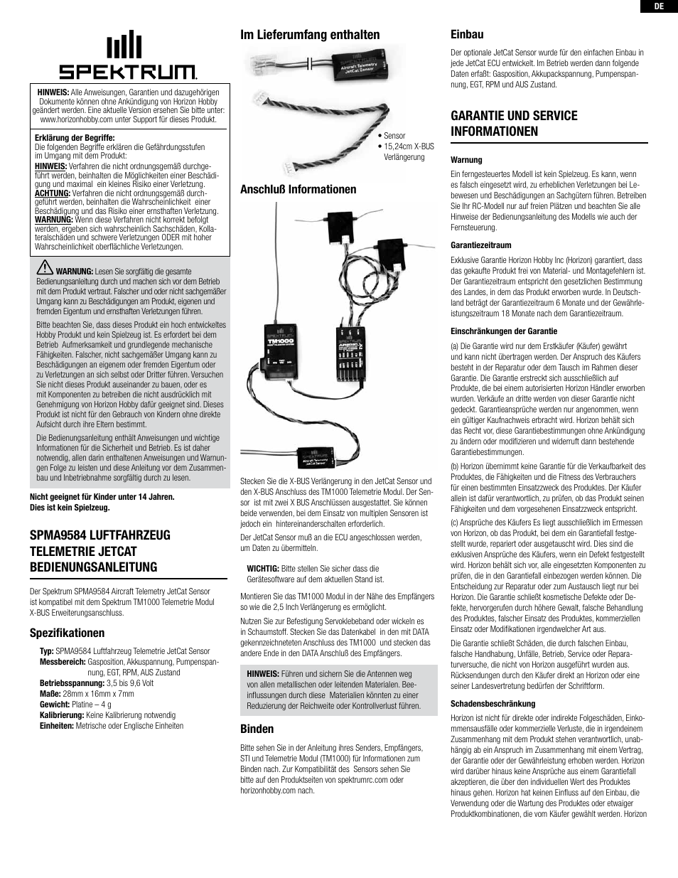 Im lieferumfang enthalten, Garantie und service informationen, Spezifikationen | Anschluß informationen, Binden, Einbau | Spektrum SPMA9584 User Manual | Page 3 / 8