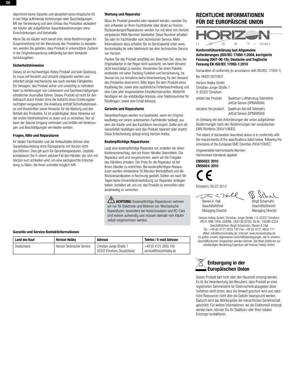 Rechtliche informationen für die europäische union, Entsorgung in der europäischen union | Spektrum SPMA9584 User Manual | Page 4 / 8