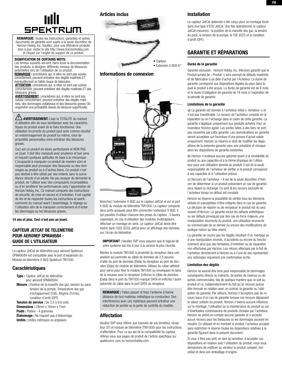 Garantie et réparations, Caractéristiques, Articles inclus | Informations de connexion, Affectation, Installation | Spektrum SPMA9584 User Manual | Page 5 / 8