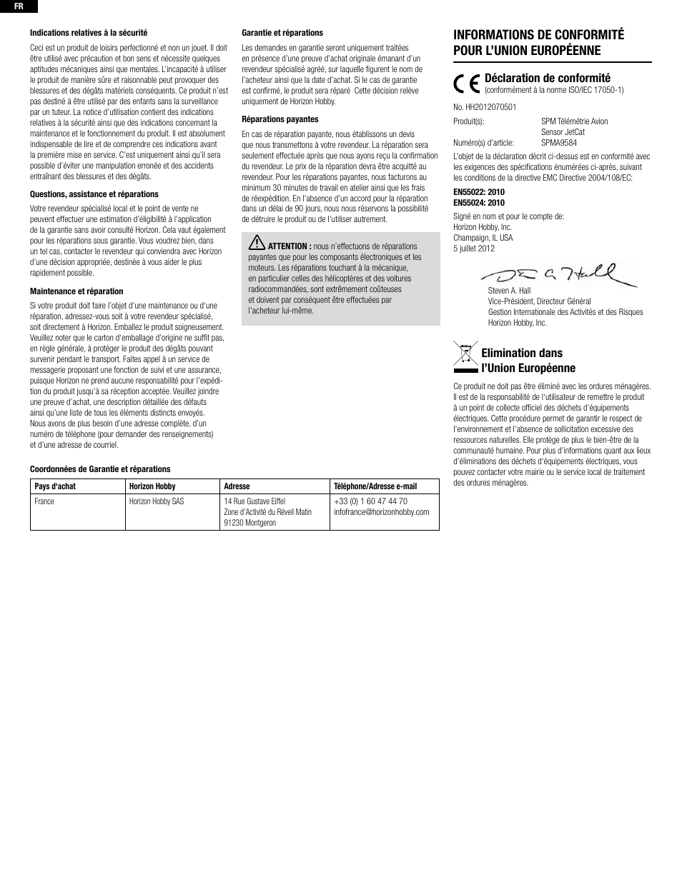 Informations de conformité pour l’union européenne, Déclaration de conformité, Elimination dans l’union européenne | Spektrum SPMA9584 User Manual | Page 6 / 8