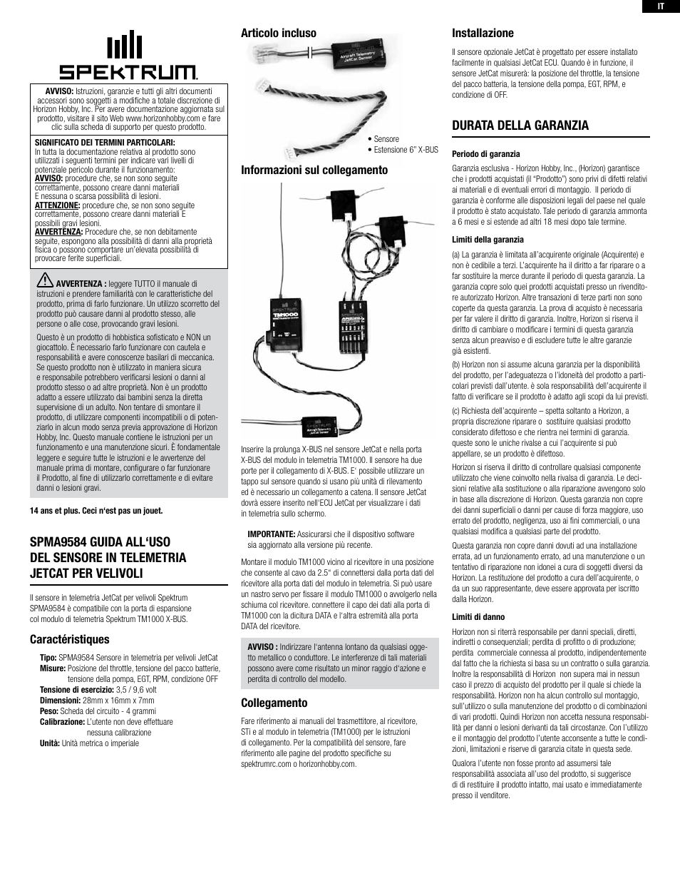 Durata della garanzia, Caractéristiques, Articolo incluso | Informazioni sul collegamento, Collegamento, Installazione | Spektrum SPMA9584 User Manual | Page 7 / 8