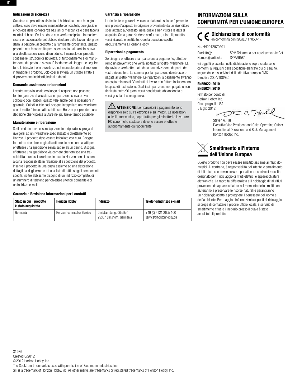 Informazioni sulla conformità per l’unione europea, Dichiarazione di conformità, Smaltimento all’interno dell’unione europea | Spektrum SPMA9584 User Manual | Page 8 / 8