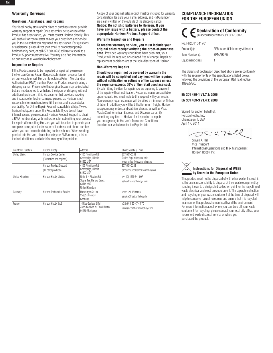 Declaration of conformity, Warranty services, Compliance information for the european union | Spektrum SPMA9575 User Manual | Page 2 / 8