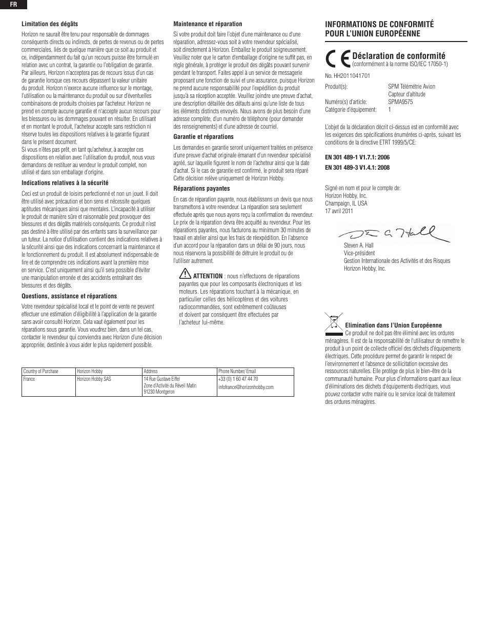 Déclaration de conformité | Spektrum SPMA9575 User Manual | Page 6 / 8