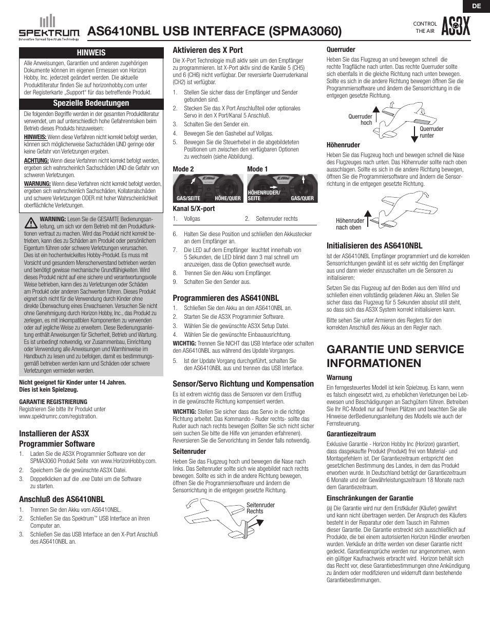 Garantie und service informationen, Aktivieren des x port, Programmieren des as6410nbl | Sensor/servo richtung und kompensation, Initialisieren des as6410nbl, Hinweis, Spezielle bedeutungen, Installieren der as3x programmier software, Anschluß des as6410nbl | Spektrum SPMA3060 User Manual | Page 3 / 8