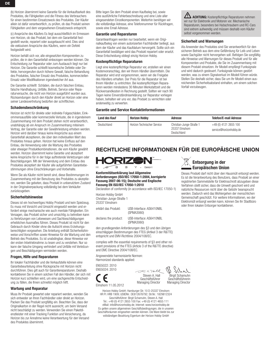 Rechtliche informationen für die europäische union, Entsorgung in der europäischen union | Spektrum SPMA3060 User Manual | Page 4 / 8