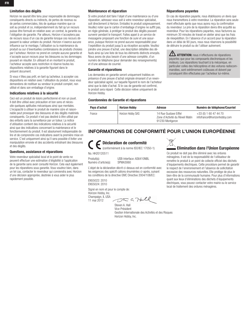 Informations de conformité pour l’union européenne, Déclaration de conformité, Elimination dans l’union européenne | Spektrum SPMA3060 User Manual | Page 6 / 8
