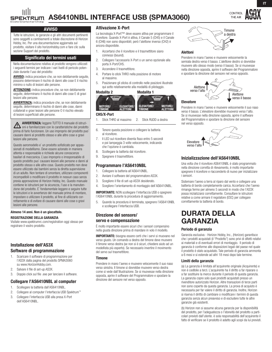 Durata della garanzia, Attivazione x-port, Programmare l’as6410nbl | Direzione del sensore/ servo e compensazione, Inizializzazione dell’as6410nbl, Installazione dell’as3x software di programmazione, Collegare l’as6410nbl al computer, Avviso, Significato dei termini usati | Spektrum SPMA3060 User Manual | Page 7 / 8