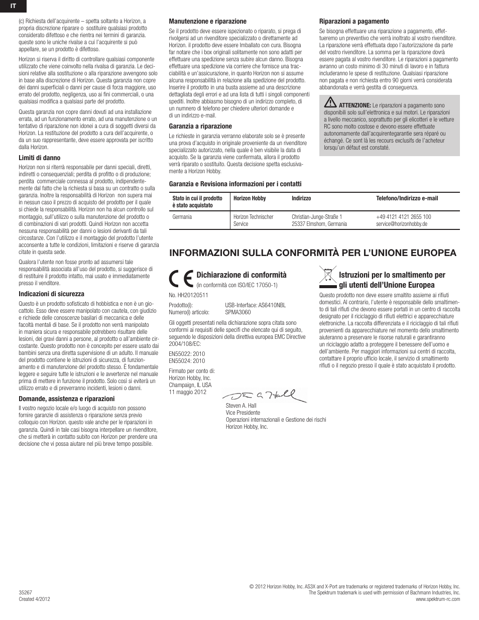 Informazioni sulla conformità per l’unione europea, Dichiarazione di conformità | Spektrum SPMA3060 User Manual | Page 8 / 8