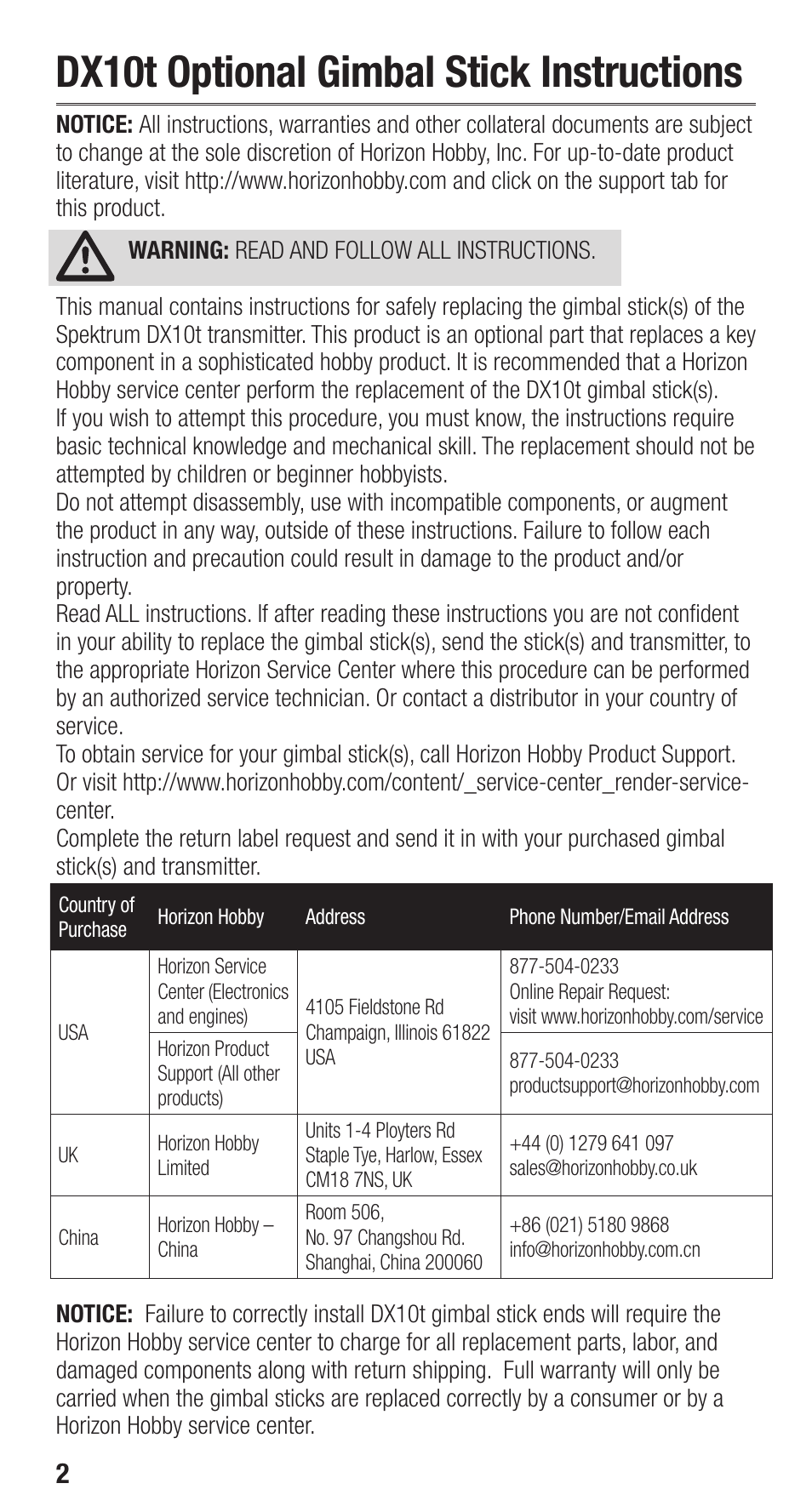 Dx10t optional gimbal stick instructions | Spektrum SPMA3010 User Manual | Page 2 / 39