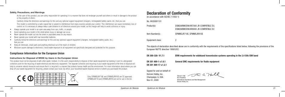 Declaration of conformity, Compliance information for the european union | Spektrum SPMMSJR720 User Manual | Page 16 / 17
