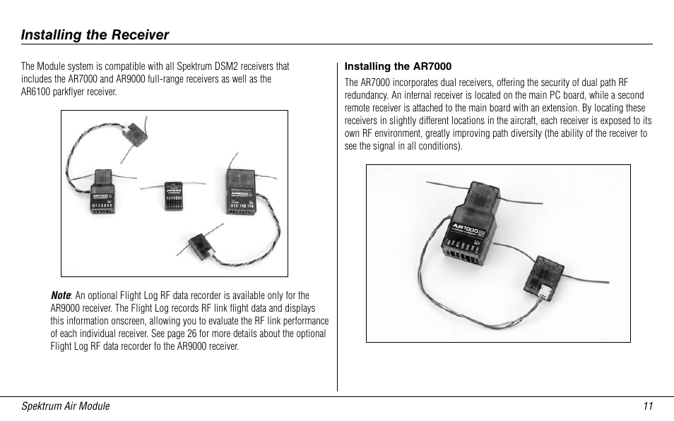 Installing the receiver, Installing the ar7000 | Spektrum SPMMSJR9 User Manual | Page 11 / 32