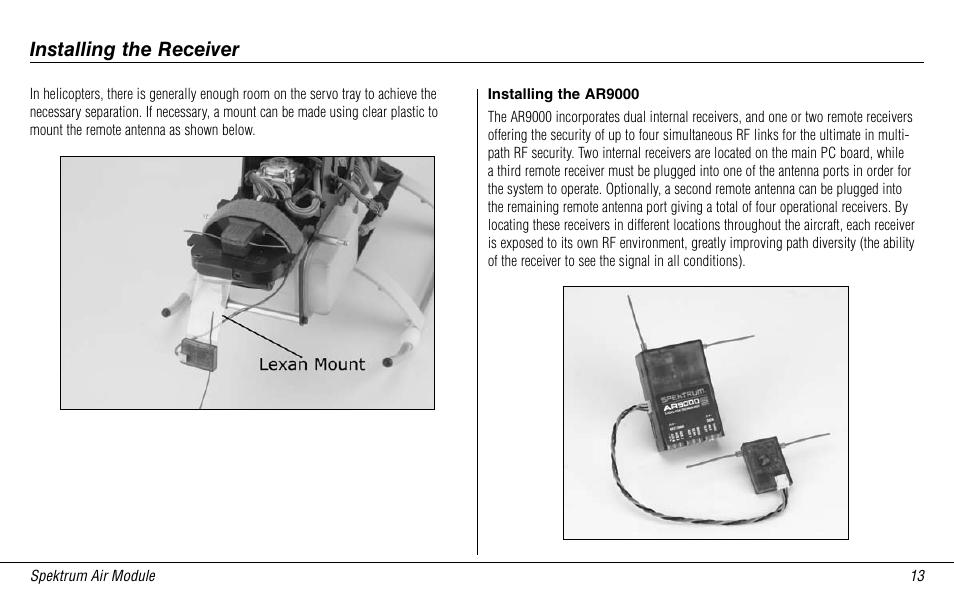 Installing the ar9000, Installing the receiver | Spektrum SPMMSJR9 User Manual | Page 13 / 32