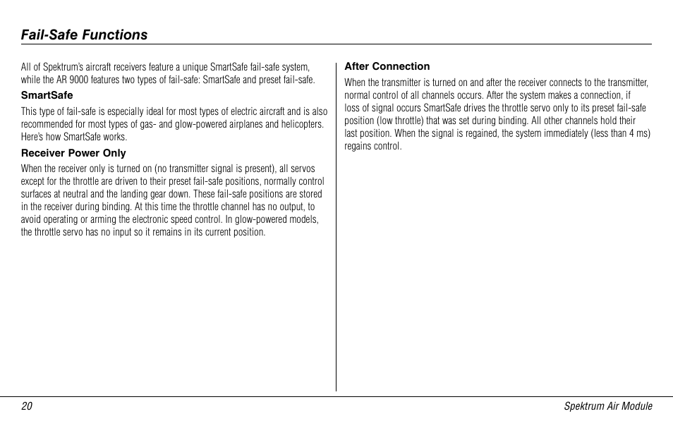 Fail-safe functions, Smartsafe, Receiver power only | After connection | Spektrum SPMMSJR9 User Manual | Page 20 / 32