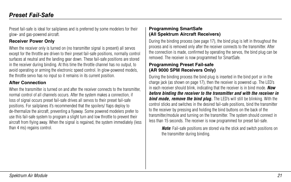 Preset fail-safe, Receiver power only, After connection | Smartsafe fail-safe setup | Spektrum SPMMSJR9 User Manual | Page 21 / 32