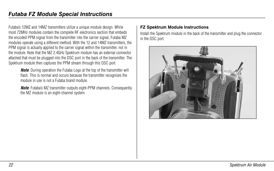 Futaba fz module special instructions, Fz spektrum module instructions | Spektrum SPMMSJR9 User Manual | Page 22 / 32