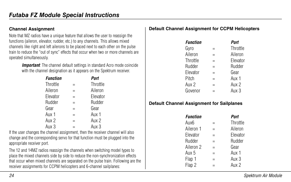 Channel assignment, Default channel assignment for ccpm helicopters, Default channel assignment for sailplanes | Futaba fz module special instructions | Spektrum SPMMSJR9 User Manual | Page 24 / 32