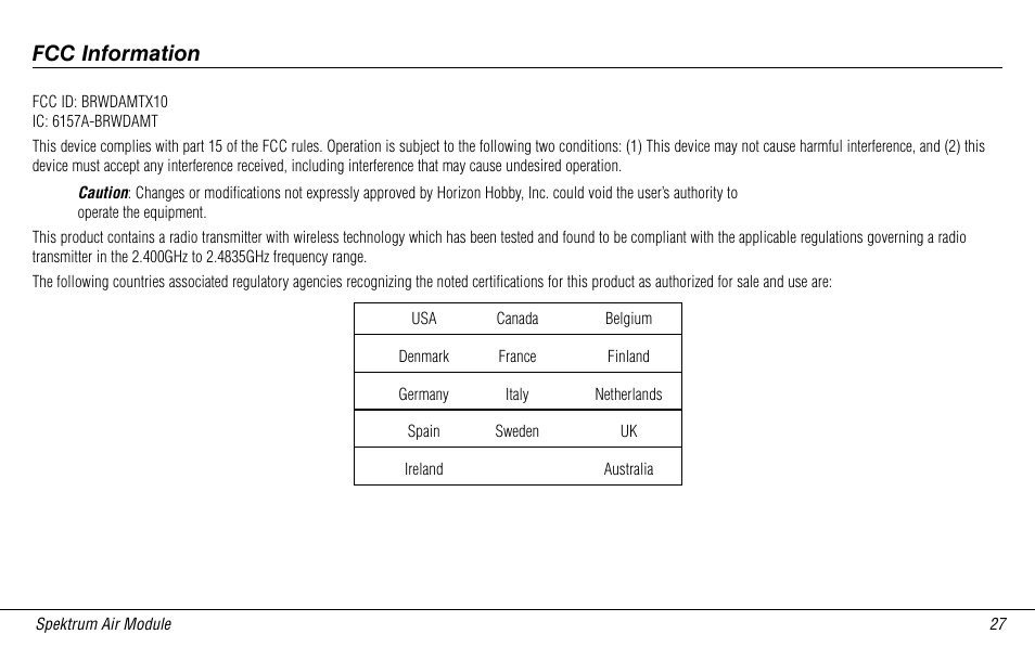 Fcc information | Spektrum SPMMSJR9 User Manual | Page 27 / 32
