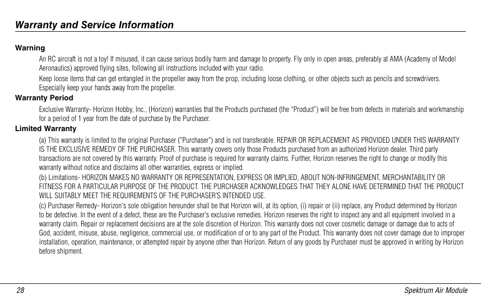Warranty and service information, Warning, Warranty period | Limited warranty | Spektrum SPMMSJR9 User Manual | Page 28 / 32