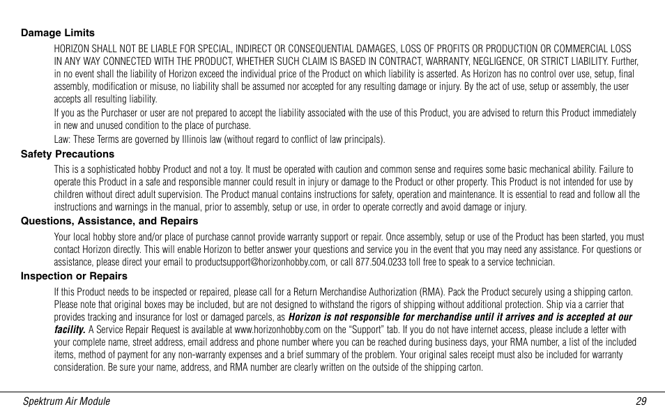 Damage limits, Safety precautions, Questions, assistance, and repairs | Inspection or repairs | Spektrum SPMMSJR9 User Manual | Page 29 / 32