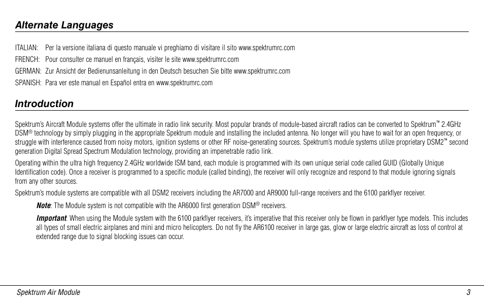 Alternate languages, Introduction | Spektrum SPMMSJR9 User Manual | Page 3 / 32