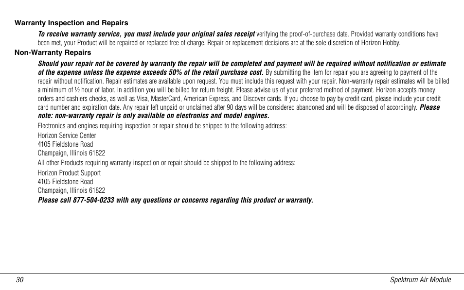 Warranty inspection and repairs, Non-warranty repairs | Spektrum SPMMSJR9 User Manual | Page 30 / 32